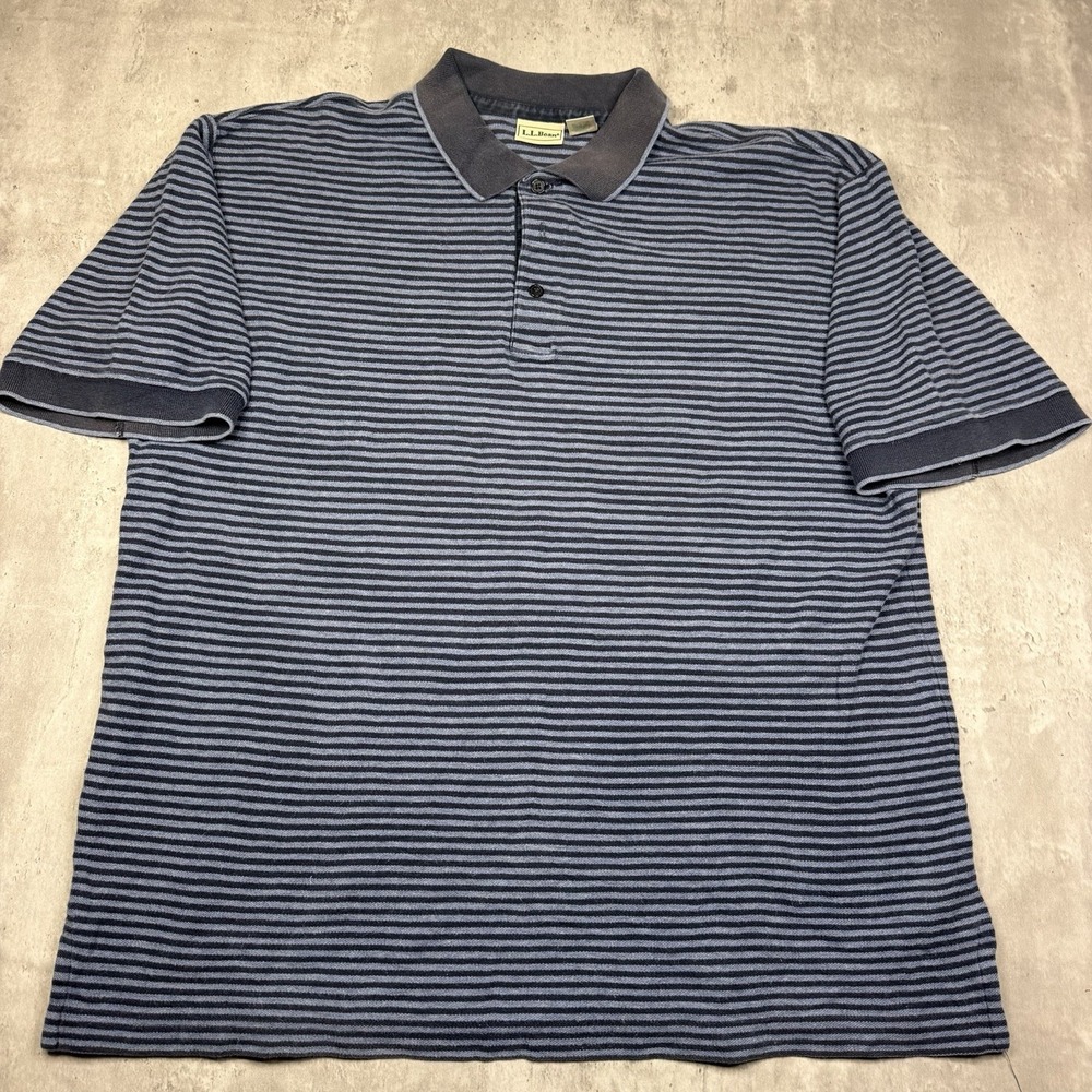 Vintage 90s LL Bean Knit Polo Shirt Mens Large Blue Striped Short Sleeve Mesh